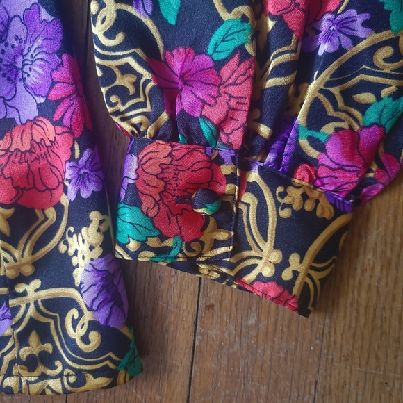 VTG 80s/90s Notations Floral Peony Gold Button Down Silk Blouse - Picture 4 of 4